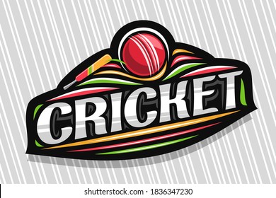 Vector logo for Cricket Sport, dark modern emblem with illustration of flying ball in goal and bat, unique lettering for grey word cricket, sports sign with decorative flourishes and trendy line art.