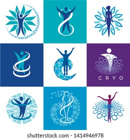 Vector logo for cryotherapy. concept for Spa freeze technology. Vector Set of Body freeze Icons.
