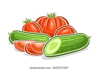 Vector logo for Cucumber and Tomato, decorative horizontal poster with outline illustration of tomato-cucumber composition, cartoon design vegetable print with various veggie parts on white background