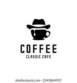 vector logo cup of coffee and detective hat, classic cafe