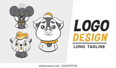 Vector logo with cute animals: mouse, pig and sheep in cartoon style.