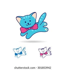 Vector logo. Cute blue cat or kitty with bow, line and flat style.
