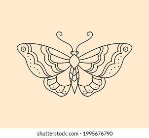 Vector logo of a cute butterfly. Perfect sketch for tattoo in retro style. Lineal illustration and drawing. Ink design. Tribal ornamental doodle for spring templates