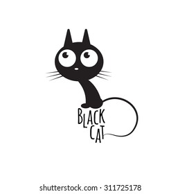 Vector logo with cute cartoon black cat.