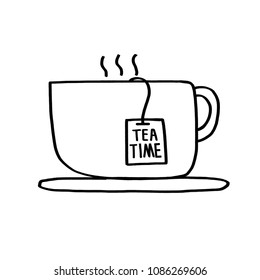 Vector logo with cute cartoon cup, tea time.Vector poster with phrase decor elements. Design for t-shirt and prints