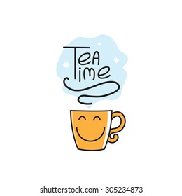 Vector Logo With Cute Cartoon Cup, Steam, An Inscription, Tea Time.