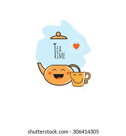 Vector logo with cute cartoon cup, kettle, steam, an inscription  tea time.