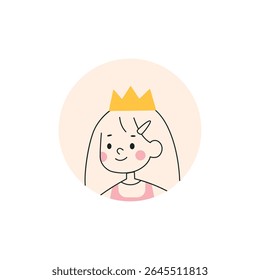 Vector Logo of Cute Girl Princess Mascot inside the circle shape Cartoon Illustration. Kid Logo in Line Style