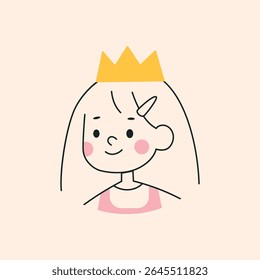 Vector Logo of Cute Girl Princess with Crown Mascot Cartoon Illustration. Kid Logo in Line Style