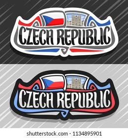 Vector logo for Czech Republic, fridge magnet with czech state flag, original brush typeface for words czech republic and national symbol - St. Vitus cathedral in Prague on blue cloudy sky background.