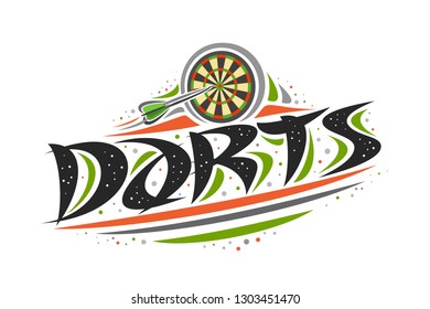 Vector logo for Darts game, creative illustration of arrow thrown in dartboard, original decorative brush typeface for word darts, abstract simplistic sports banner with lines and dots on white.