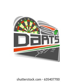 Vector logo for Darts game: thrown green arrow flying on trajectory in target dartboard, above black field for counting of points score, abstract art icon for dart board with inscription title text.