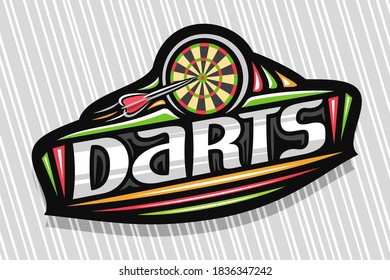 Vector logo for Darts Sport, dark modern emblem with illustration of flying darts arrow in target, unique lettering for grey word darts, sports sign with decorative flourishes and trendy line art.