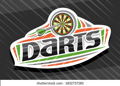 Vector logo for Darts Sport, white modern emblem with illustration of flying darts arrow in target, unique lettering for black word darts, sports sign with decorative flourishes and trendy line art.