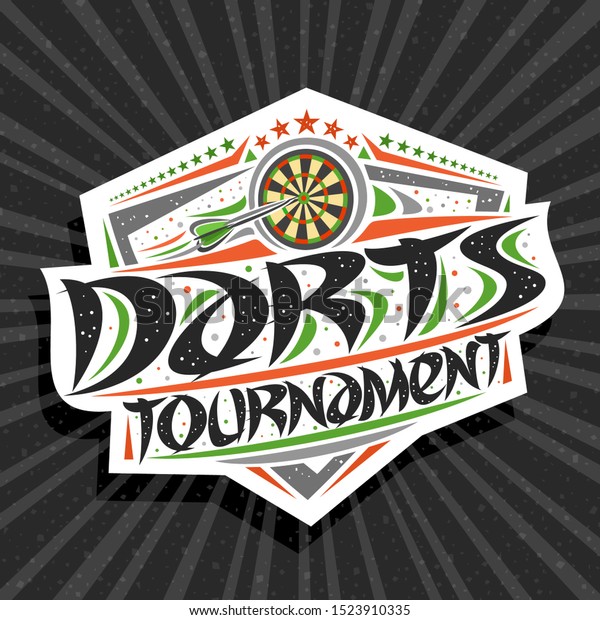 Vector logo for Darts Tournament, modern\
signage with arrow thrown in dartboard, original brush typeface for\
words darts tournament, sports shield with stars in a row on grey\
abstract background.