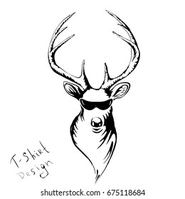 The Vector logo deer in sunglasses for T-shirt design or outwear.  Hunting style background.