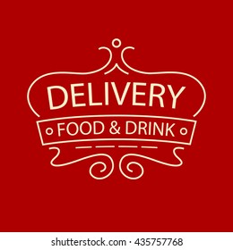 Vector logo for delivery food and drink restaurant cafe. Illustration for premium delivery menu on red background.