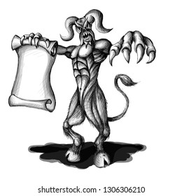 The Vector logo Demon  and the planet Saturn for tattoo or T-shirt design or outwear.  Hunting style Demon and devil background. There is a shadow on a separate layer here.