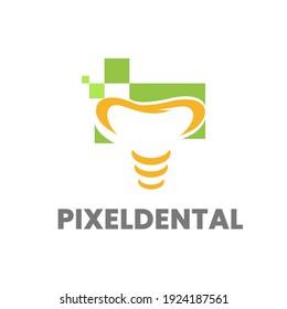 vector logo dental and dentistry design icon with an orange tooth shape and green pixels and a dental implant shape