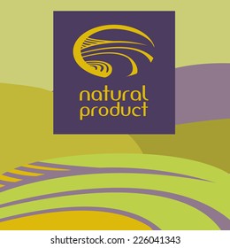 Vector logo depicting the landscape, field, road. Green and purple background.Natural product.