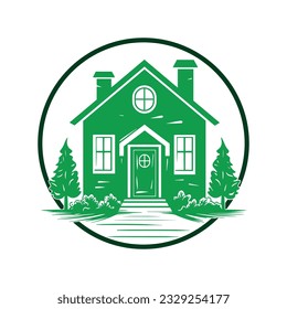 Vector logo depicting a one-story house with a garden in a circle isolated on a white background.