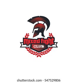 vector logo depicting weapons and Spartan helmet design concept idea for a mixed martial arts fight club style, or college teams. vector MMA.