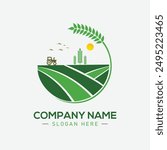 Vector logo design for agriculture, agronomy, wheat farm, rural country farming field, natural harvest
