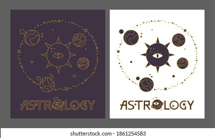 Vector logo design for astrologer.  Ready to use astrology logo template.  Gold line tonic illustration, seal, label, badge, sticker, emblem, sign, planets, stars