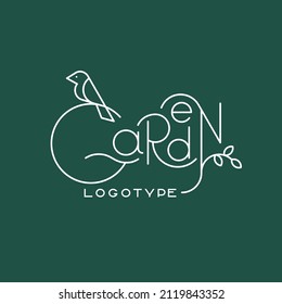 Vector logo design, beautiful inscription in the style of minimalism outline. The logo of the orchard with a bird and foliage. Lettering outline, the emblem is suitable for farm, organic products