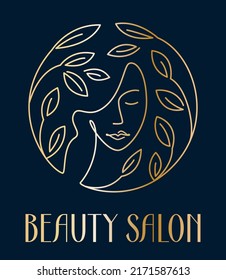 Vector logo design for beauty salon, hair salon, wellness, spa, cosmetic. Natural cosmetic. One line woman's head with leaves.