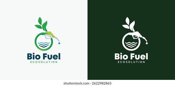 Diseño del logotipo del Vector del biofuel con la hoja verde natural y la boquilla que forman un círculo