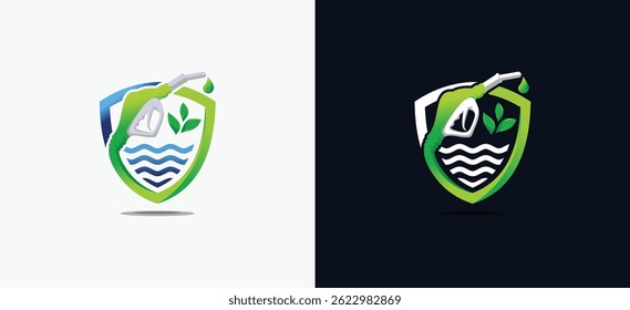 Vector logo design of bio fuel with nozzle forming a creative green shield concept