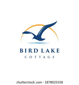 vector logo design bird lake cottage . stork bird , real-estate illustration template idea company business
