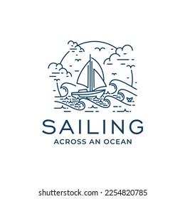 Vector Logo Design with Boat Ship on Sea Ocean Waves with Line Art Style Design