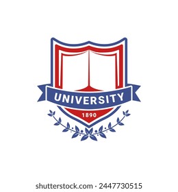 Diseño de logo de Vector, marca, concepto de sello para universidad, colegio, escuela, academia, Biblioteca, empresa de abogados. Logotipo en forma de escudo con corona. Diseño de logotipo aislado en blanco.