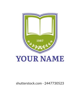 Vector logo design, brand, seal concept for university, college, school, academy, library, law company. Shield shape logotype with wreath. Isolated logotype design on white.