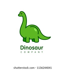 Vector logo design  in cartoon flat linear style.  Cute funny dinosaur- emblem, mascot, sticker or badge for kids store, center, packaging, clothes, company making child goods and products