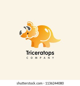 Vector logo design  in cartoon flat linear style. Cute funny dinosaur, triceratops- emblem, mascot, sticker or badge for kids store, center, packaging, clothes, company making child goods and products