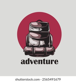 vector logo design for a climber's backpack in maroon color in a simple vector design model