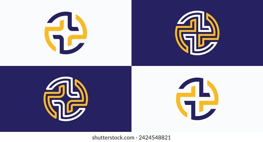 Ilustración de la colección del diseño del logotipo del vector de la forma del círculo y el signo abstracto de la cruz.