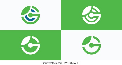 Vector logo design collection of initials G C and G in circle line shape with green leaves.