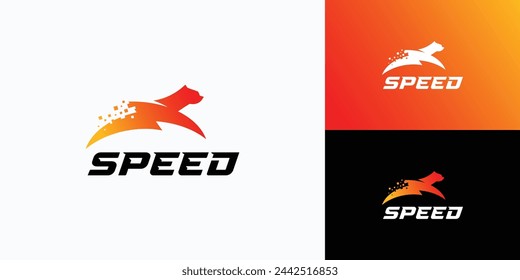 Vector logo design combination of cheetah silhouette and pixel lightning shape with modern, simple, clean and abstract style.
