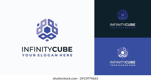 Vector logo design, combination of infinity symbols in the shape of a hexagon cube.