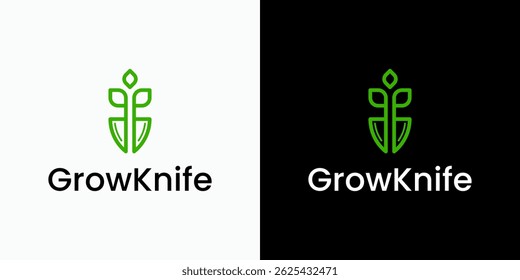 Vector logo design combination of plant and knife shape with modern, simple, clean and abstract style. Icon for business, cooking and personal branding.