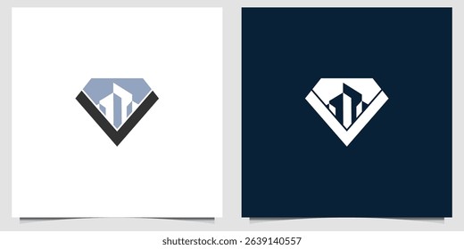 Vector logo design combining a geometric diamond shape with stylized skyscraper elements, symbolizing strength, luxury, and urban development. Ideal for real estate firms, property investment companie