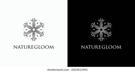 Diseño del logotipo del vector curva forma de línea decorativa con puntos abstractos y acentos de estrellas.