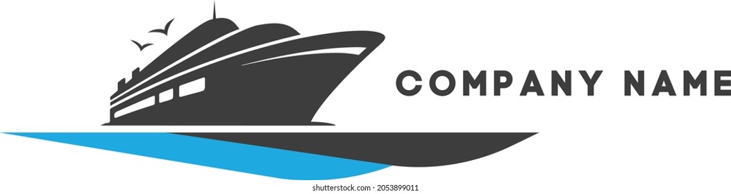 Diseño del logotipo vectorial que representa un crucero en el agua cerca del muelle. Logo para uso de empresas de viajes y viajes en crucero 