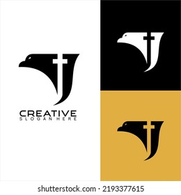 Vector Logo Design Of Eagle Head Silhouette With Cross.