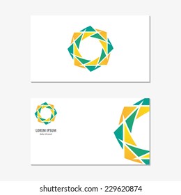 Vector logo design element with business card template on white background. Sun, flower, green