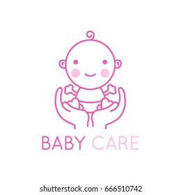 Vector logo design element and emblem - baby care and love concept - happy newborn in mother's hands - cartoon illustration - for kids store, center, packaging, clothes, company making child good
